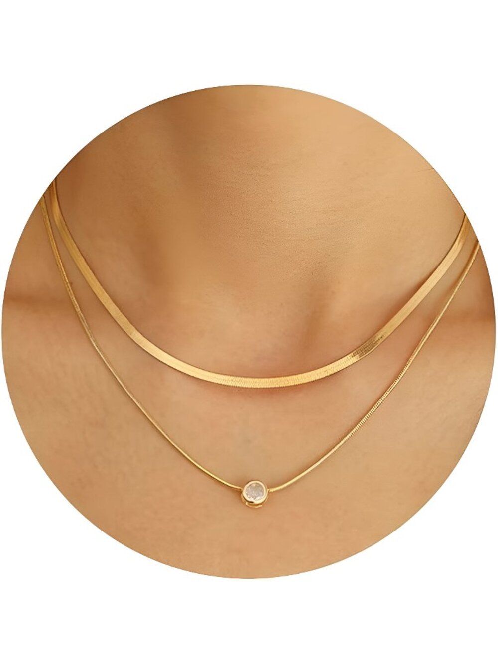Gold Layered Choker Necklace for Women Girls, 14K Real Gold Plated CZ Pendant